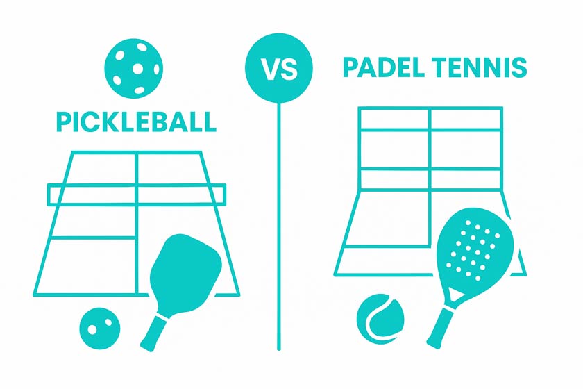 Vergleich zwischen Pickleball und Padel Tennis mit Schlägern, Bällen und Spielfeldgrafiken auf weißem Hintergrund