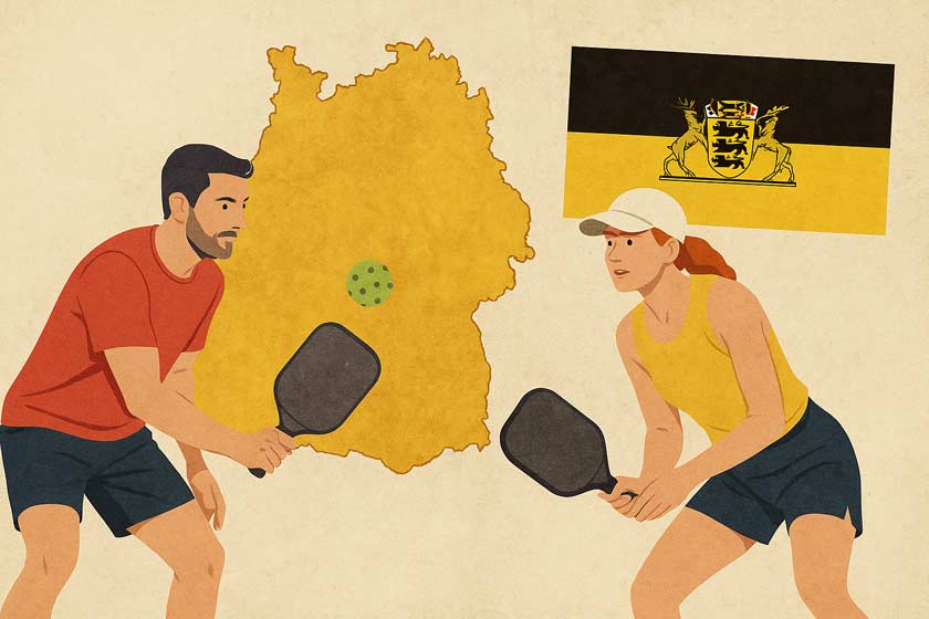 Collage-Illustration: Zwei Personen spielen Pickleball in Baden-Württemberg, dargestellt im Vintage-Stil, ohne Text oder Karte, mit sportlicher Dynamik