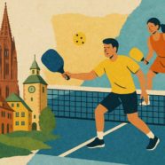 Collagen-Illustration: Zwei Personen spielen Pickleball, daneben das Freiburger Münster und Altstadthäuser als Symbol für Freiburg im Breisgau.