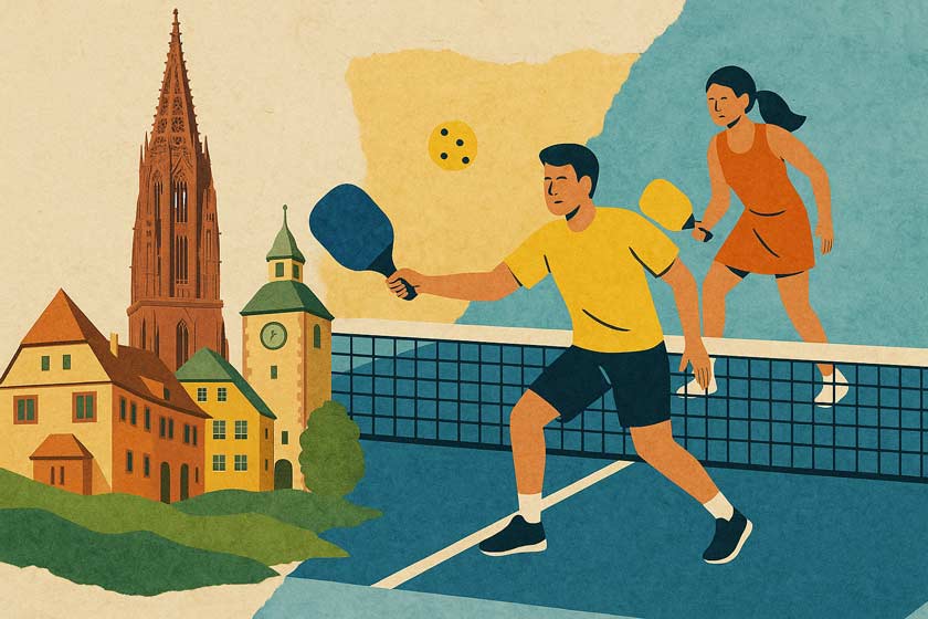 Collagen-Illustration: Zwei Personen spielen Pickleball, daneben das Freiburger Münster und Altstadthäuser als Symbol für Freiburg im Breisgau.