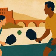 Collage-Illustration: Zwei Personen spielen Pickleball vor Kulisse mit Heidelberger Schloss, Alter Brücke und Kirche