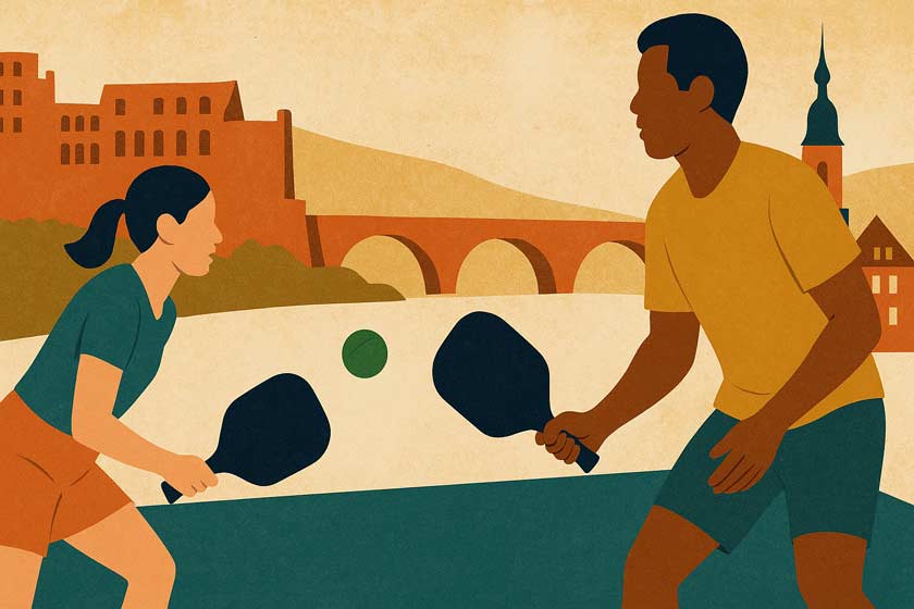 Collage-Illustration: Zwei Personen spielen Pickleball vor Kulisse mit Heidelberger Schloss, Alter Brücke und Kirche