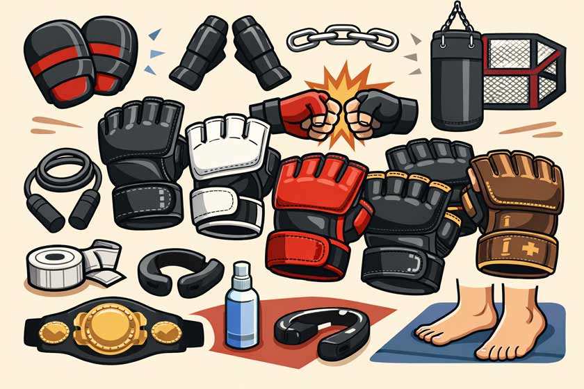 Flat-Style-Illustration verschiedener MMA Boxhandschuhe und Mixed Martial Arts Handschuhe für Training, Sparring und Grappling